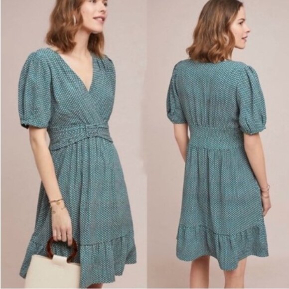 Maeve Dresses & Skirts - Maeve Teal Patterned Dress with Buckle Detail and Ruffle Hem (Size US 6)
